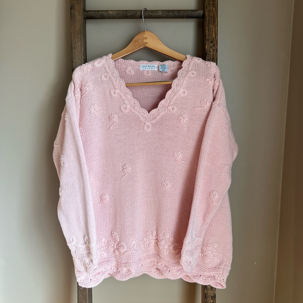 Vintage Heavy Cotton Knit Pink Floral with Embroidered Flowers V‑Neck Sweater